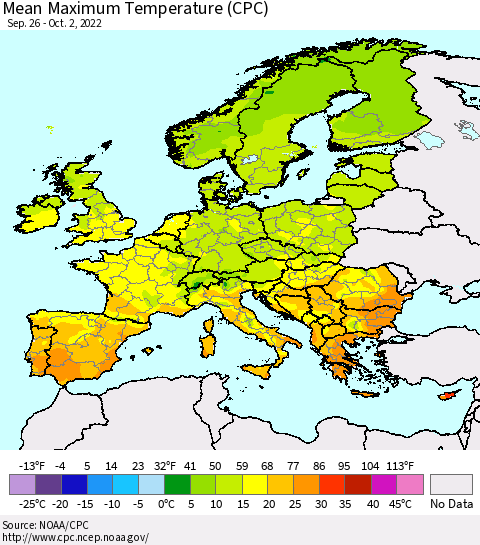 Europe Mean Maximum Temperature (CPC) Thematic Map For 9/26/2022 - 10/2/2022