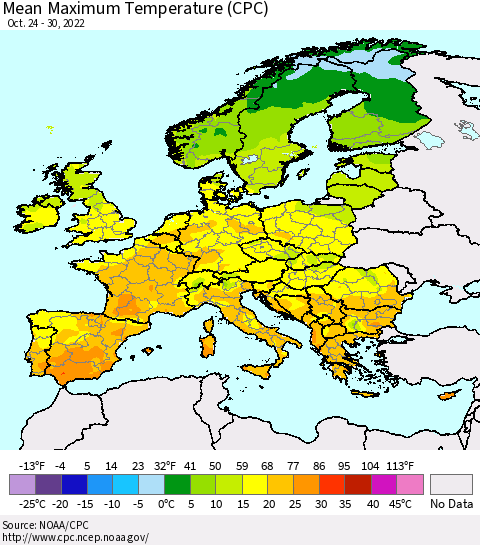 Europe Mean Maximum Temperature (CPC) Thematic Map For 10/24/2022 - 10/30/2022