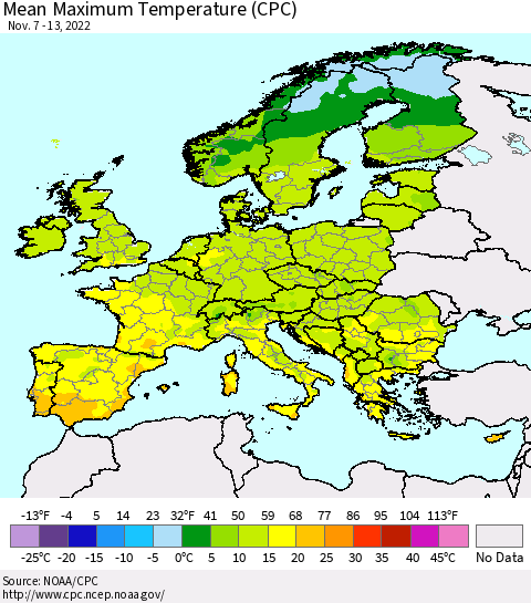 Europe Mean Maximum Temperature (CPC) Thematic Map For 11/7/2022 - 11/13/2022