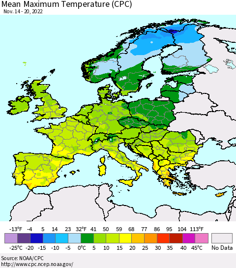 Europe Mean Maximum Temperature (CPC) Thematic Map For 11/14/2022 - 11/20/2022