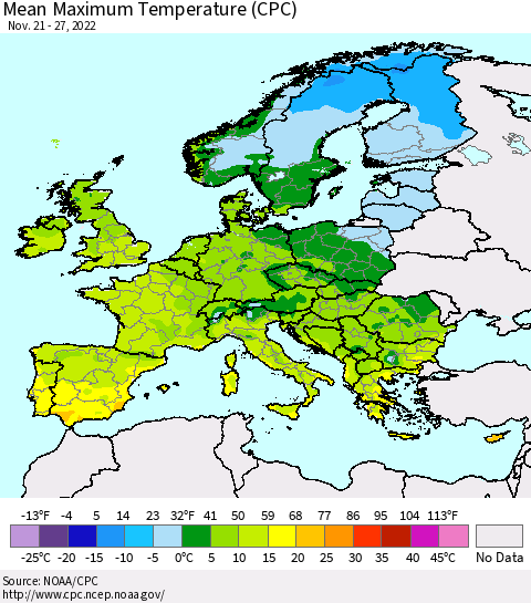 Europe Mean Maximum Temperature (CPC) Thematic Map For 11/21/2022 - 11/27/2022