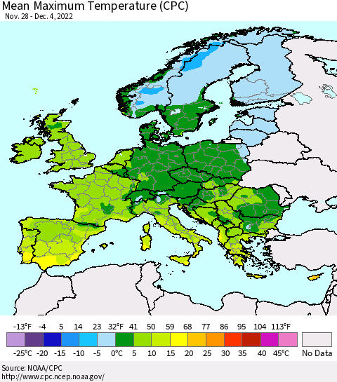 Europe Mean Maximum Temperature (CPC) Thematic Map For 11/28/2022 - 12/4/2022