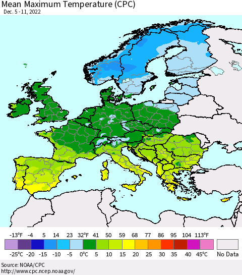 Europe Mean Maximum Temperature (CPC) Thematic Map For 12/5/2022 - 12/11/2022
