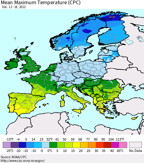 Europe Mean Maximum Temperature (CPC) Thematic Map For 12/12/2022 - 12/18/2022