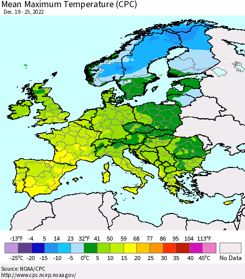 Europe Mean Maximum Temperature (CPC) Thematic Map For 12/19/2022 - 12/25/2022