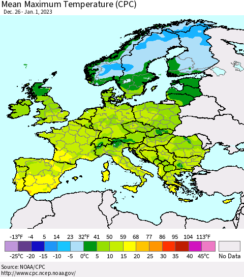 Europe Mean Maximum Temperature (CPC) Thematic Map For 12/26/2022 - 1/1/2023
