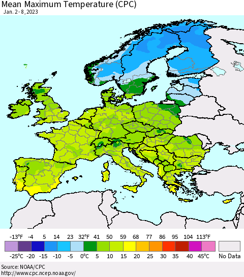 Europe Mean Maximum Temperature (CPC) Thematic Map For 1/2/2023 - 1/8/2023