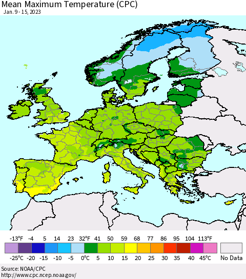 Europe Mean Maximum Temperature (CPC) Thematic Map For 1/9/2023 - 1/15/2023