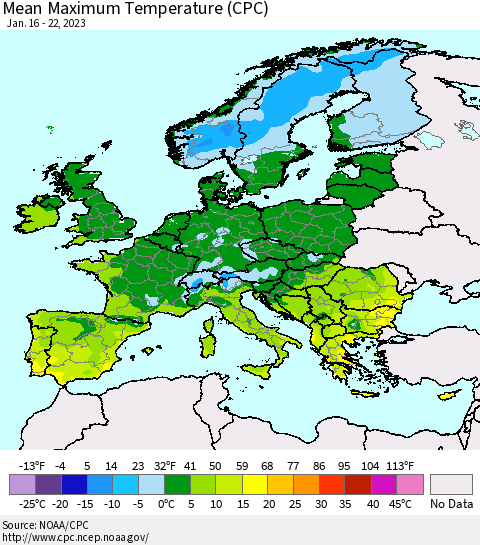 Europe Mean Maximum Temperature (CPC) Thematic Map For 1/16/2023 - 1/22/2023