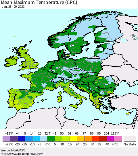Europe Mean Maximum Temperature (CPC) Thematic Map For 1/23/2023 - 1/29/2023