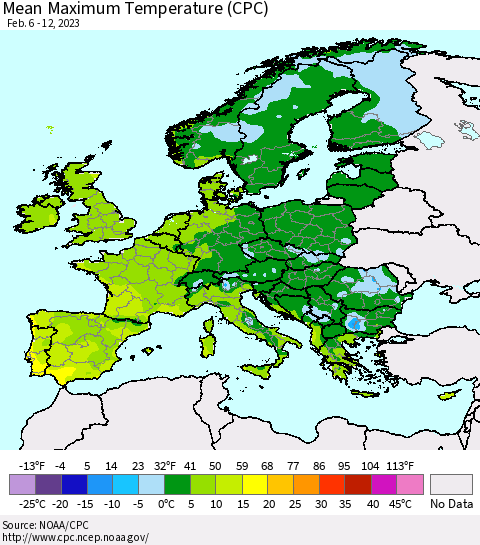 Europe Mean Maximum Temperature (CPC) Thematic Map For 2/6/2023 - 2/12/2023