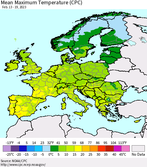 Europe Mean Maximum Temperature (CPC) Thematic Map For 2/13/2023 - 2/19/2023