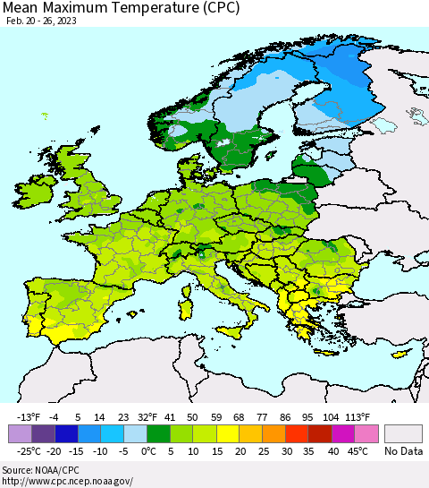 Europe Mean Maximum Temperature (CPC) Thematic Map For 2/20/2023 - 2/26/2023
