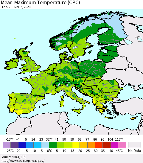 Europe Mean Maximum Temperature (CPC) Thematic Map For 2/27/2023 - 3/5/2023