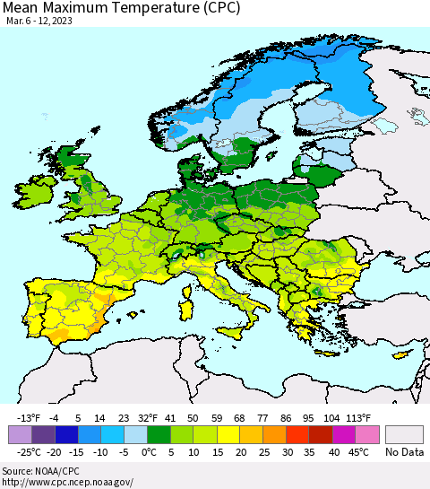 Europe Mean Maximum Temperature (CPC) Thematic Map For 3/6/2023 - 3/12/2023
