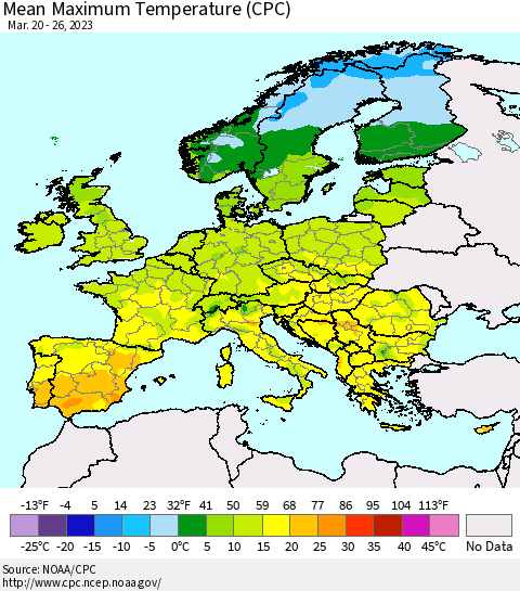 Europe Mean Maximum Temperature (CPC) Thematic Map For 3/20/2023 - 3/26/2023