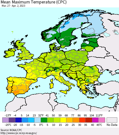 Europe Mean Maximum Temperature (CPC) Thematic Map For 3/27/2023 - 4/2/2023