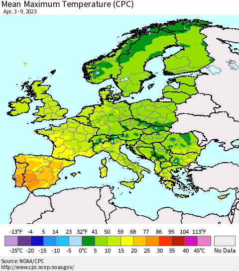 Europe Mean Maximum Temperature (CPC) Thematic Map For 4/3/2023 - 4/9/2023