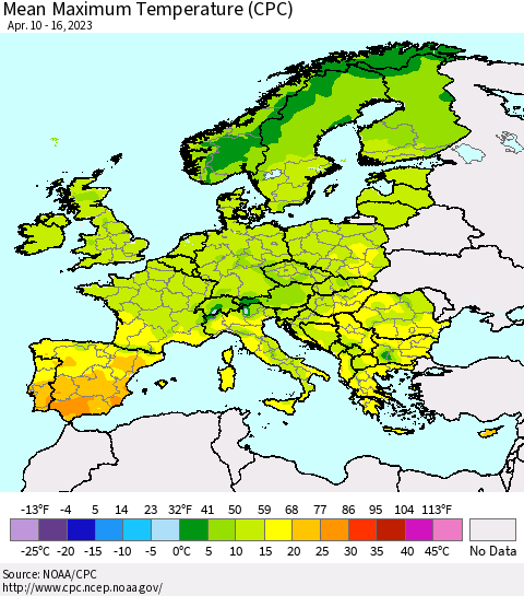 Europe Mean Maximum Temperature (CPC) Thematic Map For 4/10/2023 - 4/16/2023
