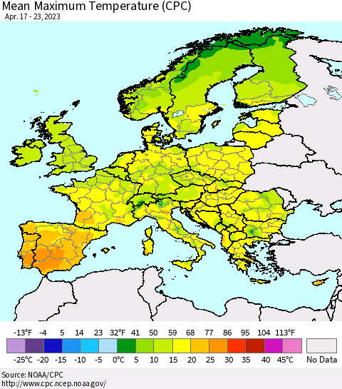 Europe Mean Maximum Temperature (CPC) Thematic Map For 4/17/2023 - 4/23/2023