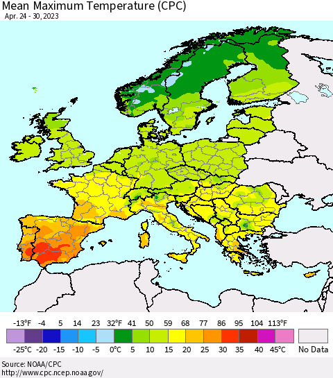 Europe Mean Maximum Temperature (CPC) Thematic Map For 4/24/2023 - 4/30/2023