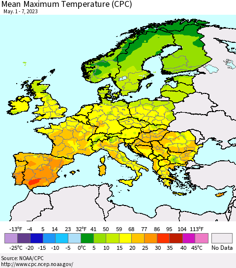 Europe Mean Maximum Temperature (CPC) Thematic Map For 5/1/2023 - 5/7/2023