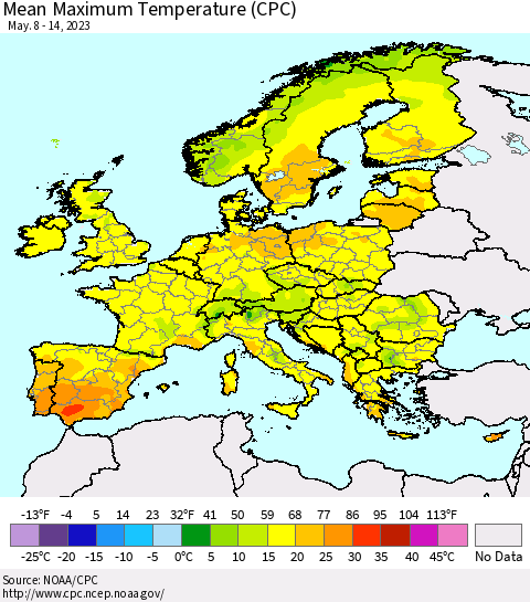 Europe Mean Maximum Temperature (CPC) Thematic Map For 5/8/2023 - 5/14/2023