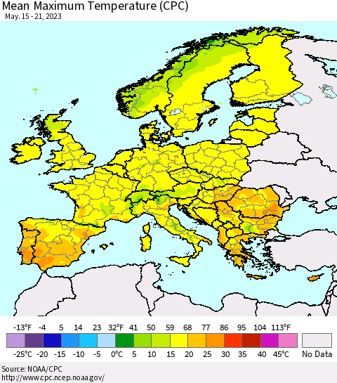 Europe Mean Maximum Temperature (CPC) Thematic Map For 5/15/2023 - 5/21/2023