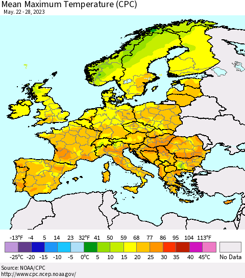 Europe Mean Maximum Temperature (CPC) Thematic Map For 5/22/2023 - 5/28/2023