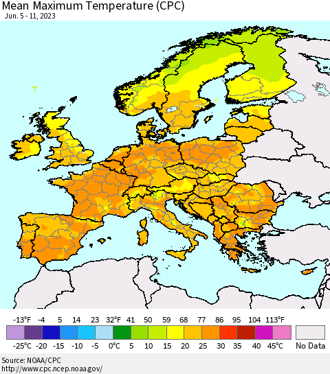 Europe Mean Maximum Temperature (CPC) Thematic Map For 6/5/2023 - 6/11/2023