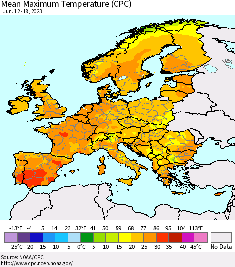 Europe Mean Maximum Temperature (CPC) Thematic Map For 6/12/2023 - 6/18/2023