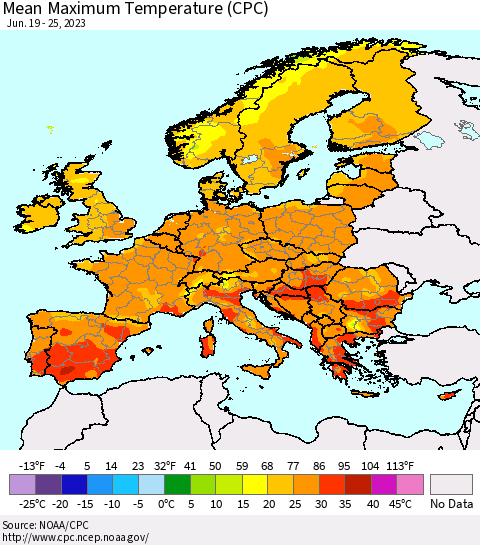 Europe Mean Maximum Temperature (CPC) Thematic Map For 6/19/2023 - 6/25/2023