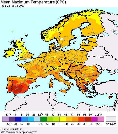 Europe Mean Maximum Temperature (CPC) Thematic Map For 6/26/2023 - 7/2/2023
