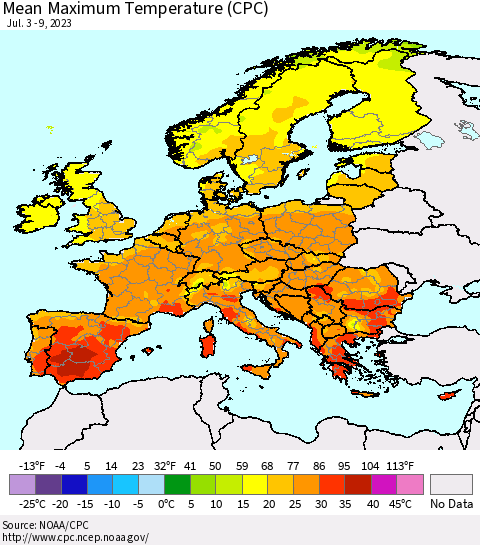 Europe Mean Maximum Temperature (CPC) Thematic Map For 7/3/2023 - 7/9/2023