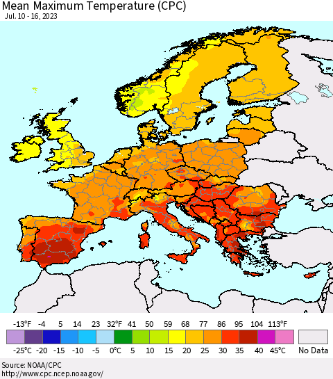 Europe Mean Maximum Temperature (CPC) Thematic Map For 7/10/2023 - 7/16/2023