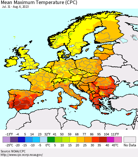 Europe Mean Maximum Temperature (CPC) Thematic Map For 7/31/2023 - 8/6/2023