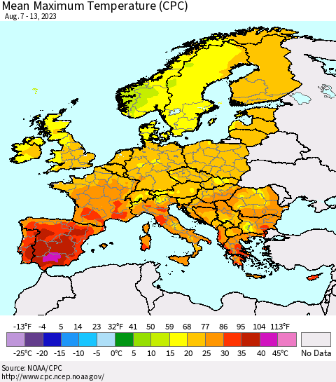 Europe Mean Maximum Temperature (CPC) Thematic Map For 8/7/2023 - 8/13/2023