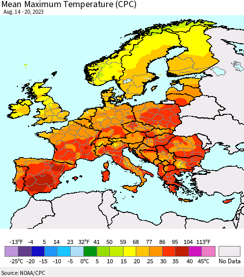 Europe Mean Maximum Temperature (CPC) Thematic Map For 8/14/2023 - 8/20/2023