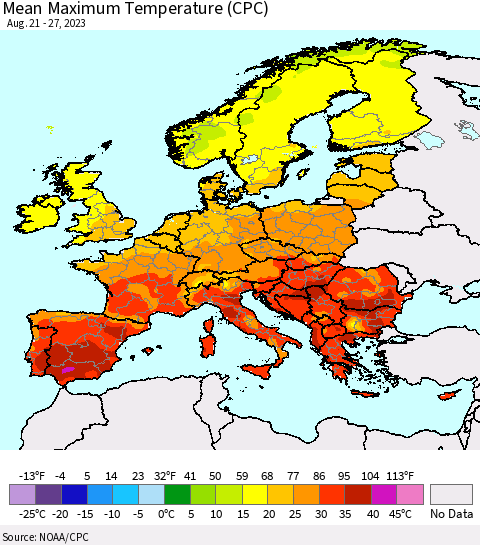 Europe Mean Maximum Temperature (CPC) Thematic Map For 8/21/2023 - 8/27/2023