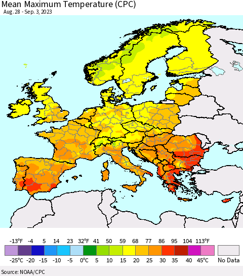 Europe Mean Maximum Temperature (CPC) Thematic Map For 8/28/2023 - 9/3/2023