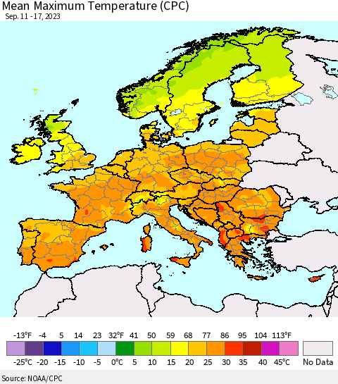 Europe Mean Maximum Temperature (CPC) Thematic Map For 9/11/2023 - 9/17/2023