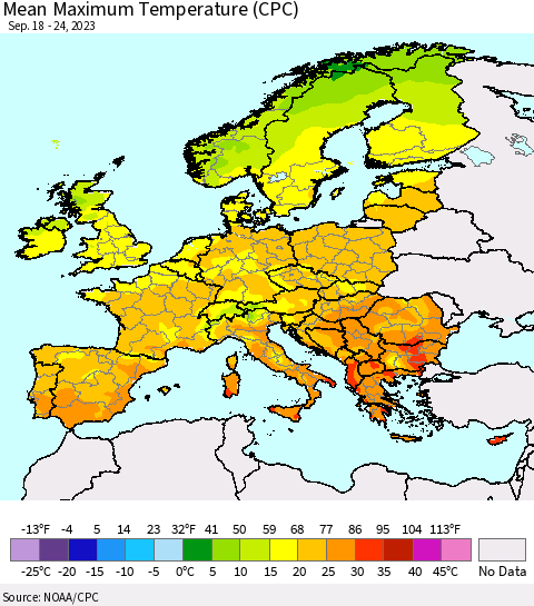 Europe Mean Maximum Temperature (CPC) Thematic Map For 9/18/2023 - 9/24/2023