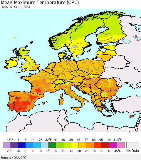 Europe Mean Maximum Temperature (CPC) Thematic Map For 9/25/2023 - 10/1/2023