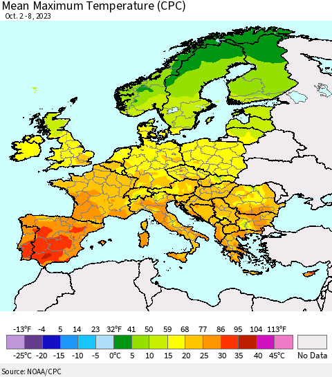 Europe Mean Maximum Temperature (CPC) Thematic Map For 10/2/2023 - 10/8/2023