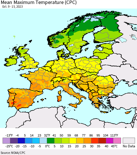 Europe Mean Maximum Temperature (CPC) Thematic Map For 10/9/2023 - 10/15/2023