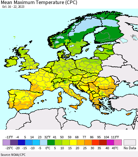 Europe Mean Maximum Temperature (CPC) Thematic Map For 10/16/2023 - 10/22/2023