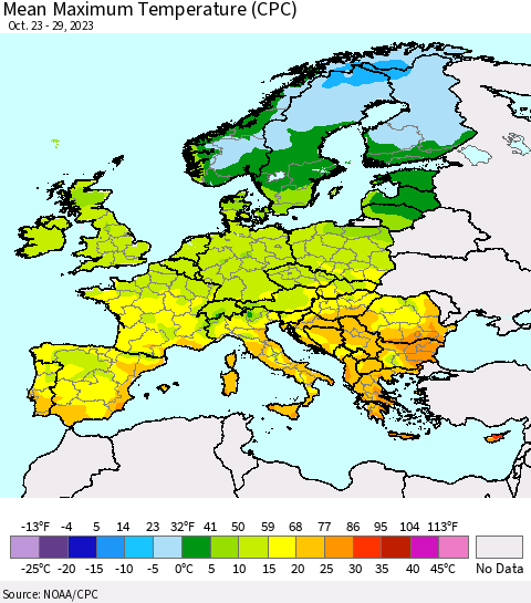 Europe Mean Maximum Temperature (CPC) Thematic Map For 10/23/2023 - 10/29/2023