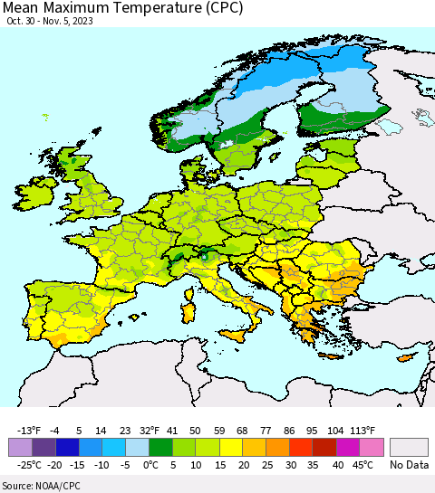 Europe Mean Maximum Temperature (CPC) Thematic Map For 10/30/2023 - 11/5/2023