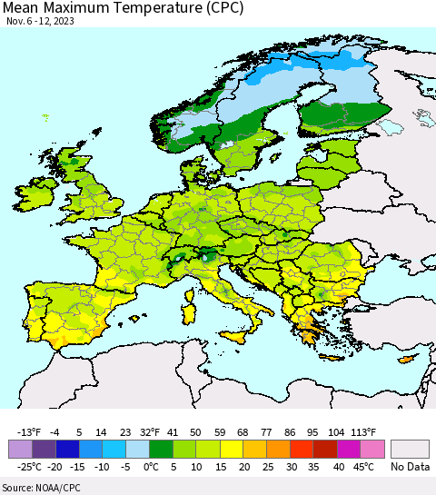 Europe Mean Maximum Temperature (CPC) Thematic Map For 11/6/2023 - 11/12/2023