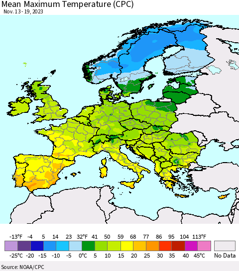Europe Mean Maximum Temperature (CPC) Thematic Map For 11/13/2023 - 11/19/2023